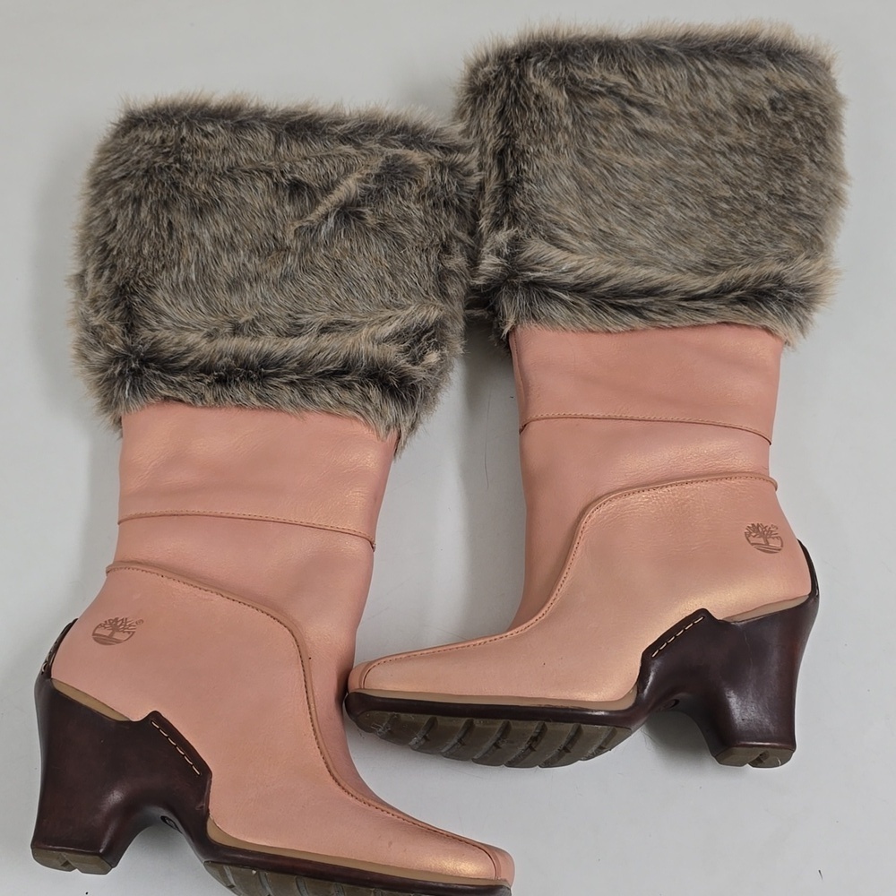 Timberland Iridescent Peach Leather Faux Fur Trim Wedge Winter Snow Boots - Picture 10 of 10